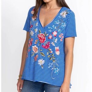 Johnny Was Floral Embroidered Blue Striped Women's Top